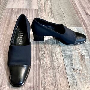 Amalfi Italy Womens Genuine Leather Heels Size 6.5 Black Woven Stretch Material